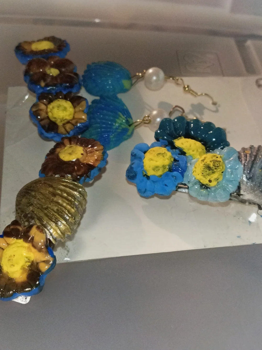 Serenity Blue & Gold Seashell Barrette and Earring Set